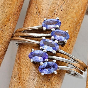 925 Sterling Silver Tanzanite Asymmetrical Ring 8.75 - Five Oval Gems 5x3mm
